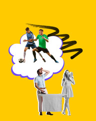 Tired man ironing clothes and dreaming of playing soccer, while woman doing makeup. Contrast between daily chores and passion for sport. Contemporary art collage. Concept of sport, dreams, retro style