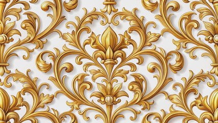 Intricate golden royal regency pattern with ornate fleur-de-lis and scrolling acanthus leaves on a crisp clean white background.