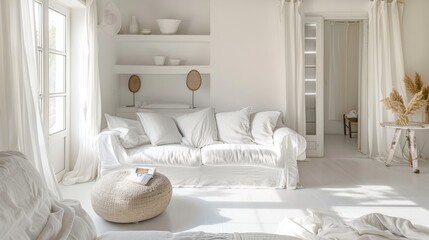 A white living room with a white couch and a white ottoman