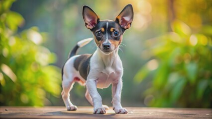 Adorable, tri-colored toy fox terrier puppy stands on hind legs, outstretched paws, conveying innocence, playfulness, and irresistible cuteness.