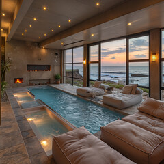 Salon d'une maison un soir d'été au bord de la mer avec vue et piscine d'intérieur, luxueux