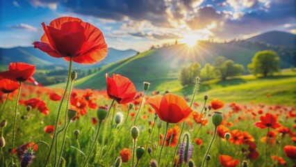 Obraz premium Vibrant red poppies sway gently in the breeze amidst a sea of lush greenery in a serene, sun-kissed meadow landscape.