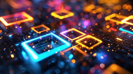 Obraz premium Neon Squares on Circuit Board