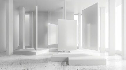 A white room with white walls and white pillars