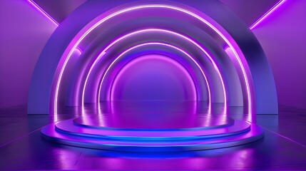 Obraz premium A vivid neon purple arch over a circular platform creates a mood of futuristic mystery in an ambiently lit room