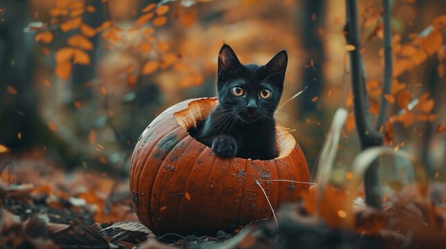 Black cat sits in hollowed-out pumpkin amidst autumn leaves closeup image. Cute animal inside orange vegetable close up photography. Fall season kitten concept photo realistic