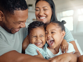 Parents, children and laughing or having fun together for bonding, happy relationship and love in...