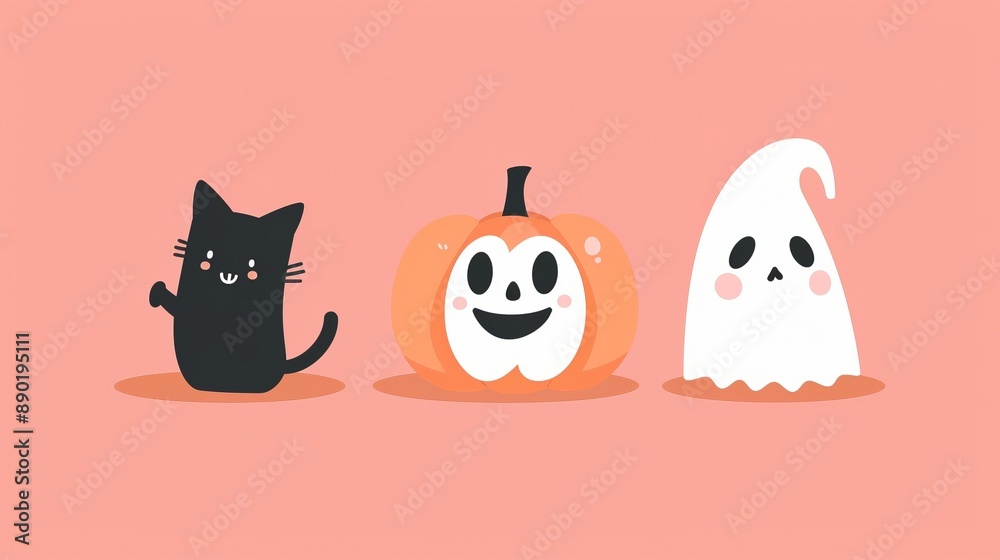 Wall mural black cat, cheerful jack-o-lantern and cute ghost 2d illustration. festive fun spooky. helloween cha