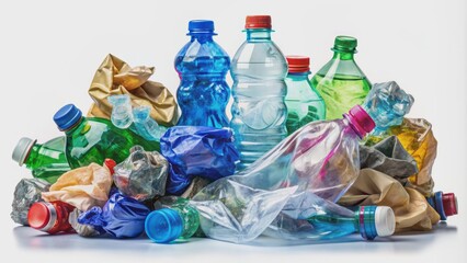 A collection of discarded, crushed, and twisted plastic water bottles in assorted shapes, isolated on a plain white background.