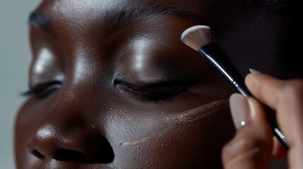 Detailed close-up view of eye makeup being applied with a brush, highlighting precise and skilled makeup artistry.