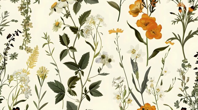 A whimsical design featuring vintage botanical prints and pressed flowers. - Seamless tile. Endless and repeat print