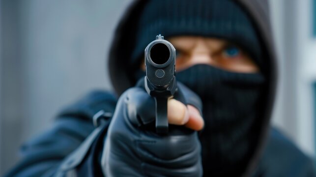 Close-up of a masked man aiming a gun straight at the camera, conveying danger and intimidation.
