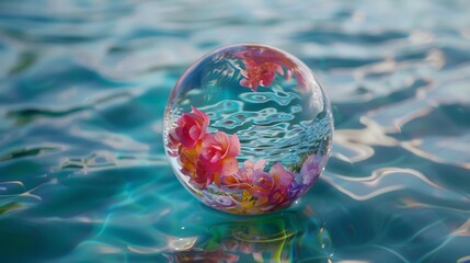 A clear glass ball with pink flowers in it is floating in the water