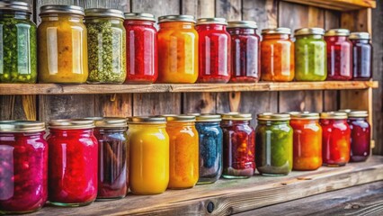 Vibrant jars of artisanal homemade jam in assorted flavors arranged on rustic kitchen shelf, perfect for customized branding or messaging.