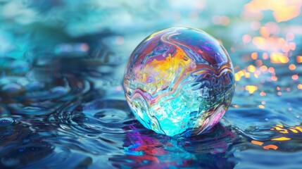 A colorful ball is floating on the surface of the water