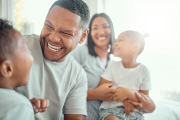 Happy, family and laughing in home with children, excited and funny joke with father or son bonding...