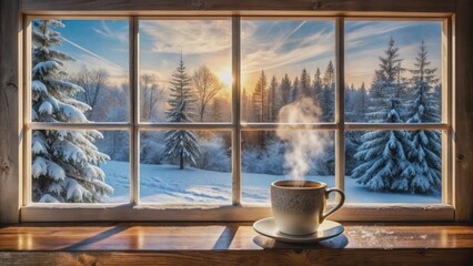 Frosted winter windowpane reflects snowy landscape as steaming cup of hot coffee sits serenely on adjacent sill, warmth contrasted.