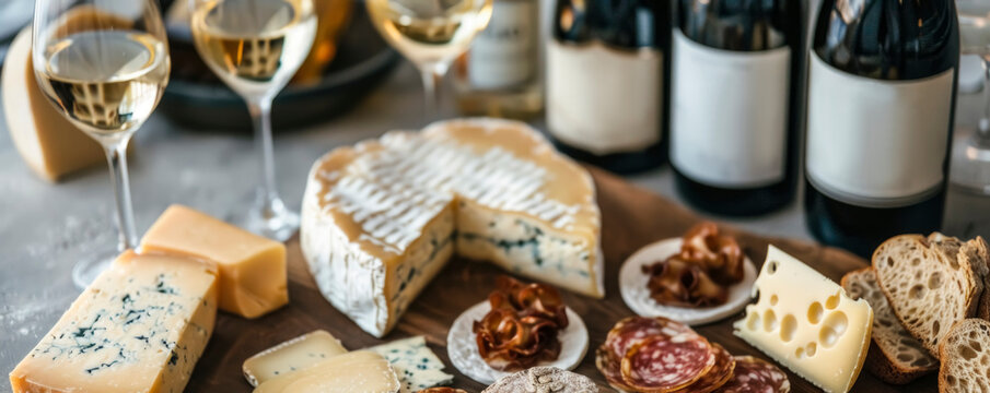 Wine and plate with appetizers, delicious noble cheese and grapes. The elegance of wine glasses combined with a selection of artisan cheeses on a matte black background.