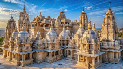 Intricately carved marble shrines with ornate details and towers adorn the serene temple complex at Palitana, India's sacred Jain site.