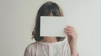 A young girl holding a blank white card in front of her face, on a light background, concept of anonymity