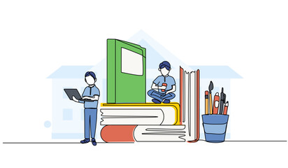 Vector illustration of People study in public library. Modern flat in continuous line style.