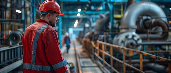 Naklejka premium Worker in red jumpsuit and hard hat stands in industrial setting.