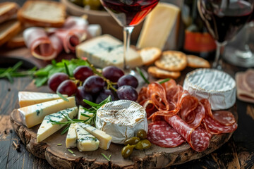 sophisticated setting with a glass of red wine paired with a selection of artisan cheeses and charcuterie on a rustic wooden board