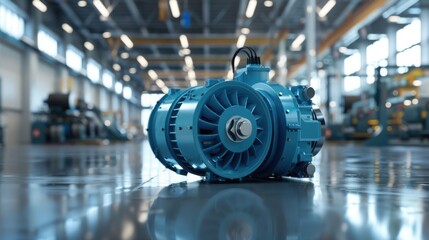 Obraz premium industrial electric motor with blue color, hyper realistic, 3d render, on the background of modern factory and clean work place