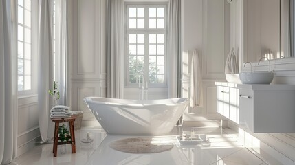 Fototapeta premium A bathroom with a white bathtub and a white sink