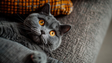 A British shorthair lazy cat laying on the grey sofa.