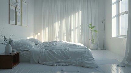 A white bedroom with a white bed and white curtains
