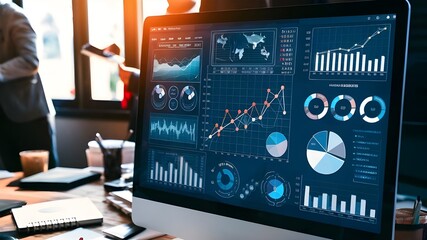 A computer screen displaying a complex array of financial reports and graphs. Pie charts, bar graphs, data analysis and line charts.