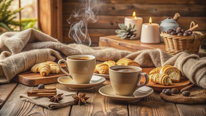 Warm beige tones and soft lighting envelop a serene caf? scene with steaming coffee cups on a rustic wooden table.