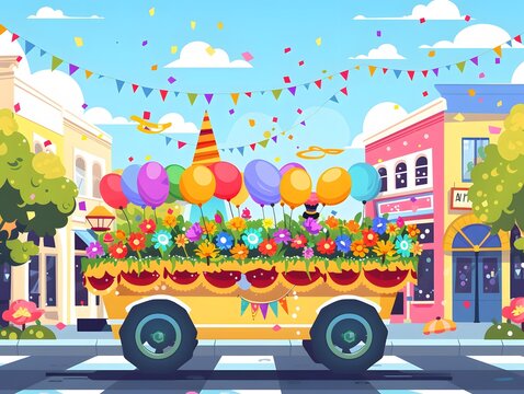 A festive parade float adorned with balloons and flowers drives down a city street.