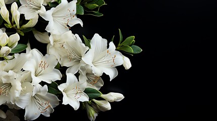 White flowers with green leaves on black background