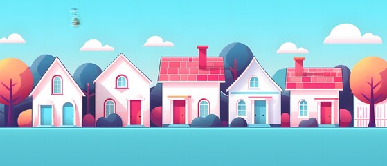 Cartoon illustration of a row of colorful houses.