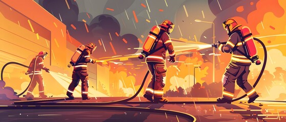 Firefighters battling a large blaze with hoses.