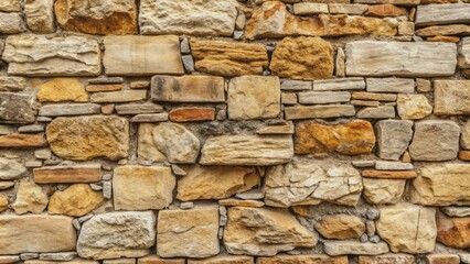 Obraz premium Natural rough ancient stone wall texture with worn weathered cracks and fissures in warm beige and grey tones.