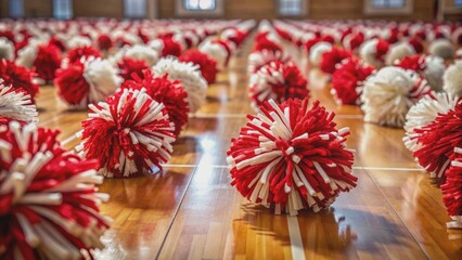 Vibrant red and white pom-poms scattered across a polished wooden gym floor, radiating energy and school spirit in an empty arena.