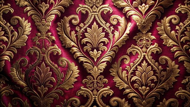 High-resolution shot of a velvet damask fabric, capturing the luxurious, textured patterns and deep, rich colors under dramatic lighting.