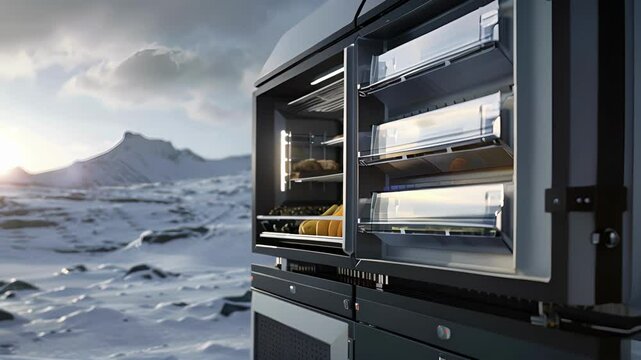 In a sp snowy landscape a solarpowered fridge uses renewable energy to keep food frozen.