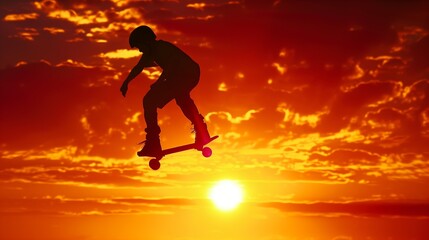 A teen's silhouette does scooter tricks at sunset, showcasing youth and adventure in vibrant colors.