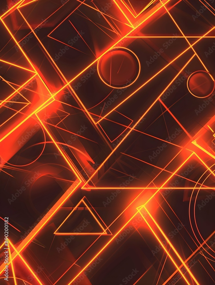 Wall mural Abstract neon orange geometric shapes glow against a dark background. The vibrant design features triangles and circles, creating a dynamic, futuristic pattern