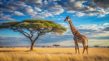Obraz premium Majestic giraffe stands tall amidst vast, sun-kissed savannah landscape, acacia trees scattered, blue Namibian sky stretches infinitely behind.