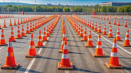 Empty test track with numerous bright orange traffic cones arranged in various layouts for vehicle maneuverability and parking simulations.