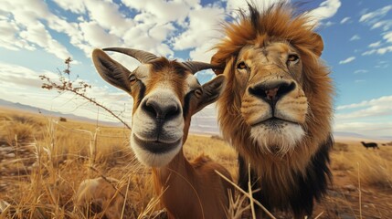Obraz premium A goat and a lion pose for a close-up selfie