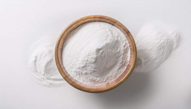 White zinc oxide powder in bowl on white table. Chemistry and medicine concept. Flat lay