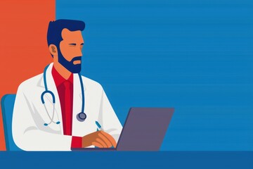 Illustration of a doctor in a white coat with a stethoscope, working on a laptop in a modern office setting.