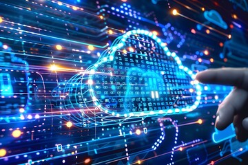 High tech cloud security with advanced data encryption and secure network integration, depicted with blue and white elements and a tech themed design