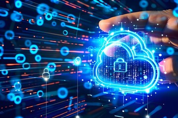 High tech cloud security with advanced data encryption and secure network integration, depicted with blue and white elements and a tech themed design